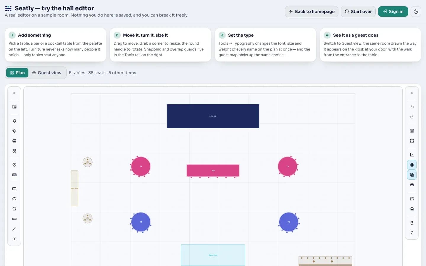 The hall editor: a floor plan with a stage, round tables and a dance floor, with the tool rails on either side