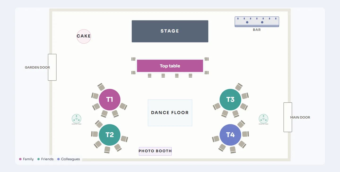 The TV board: the whole hall plan with every table and its chairs, and nothing else on screen