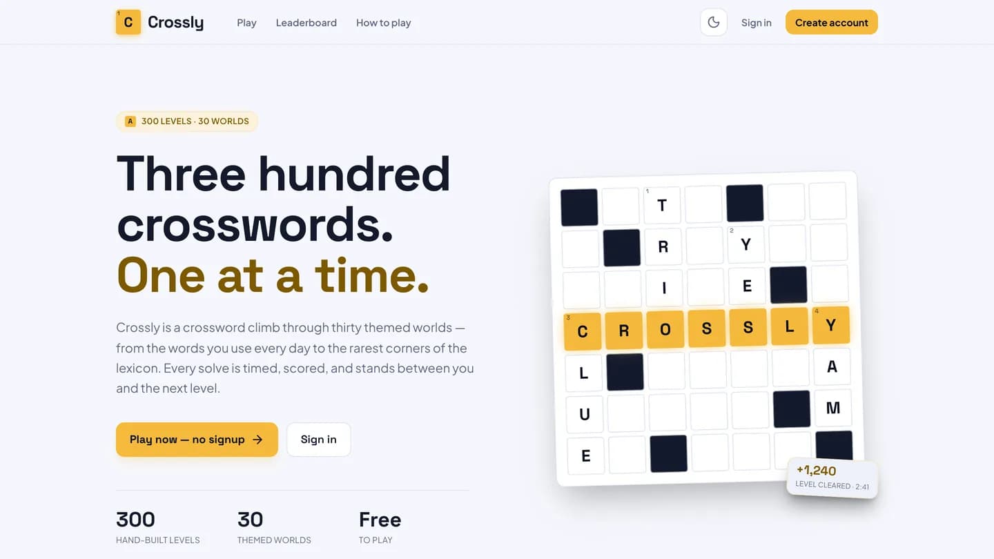 The Crossly home page hero with a large illustrated crossword grid
