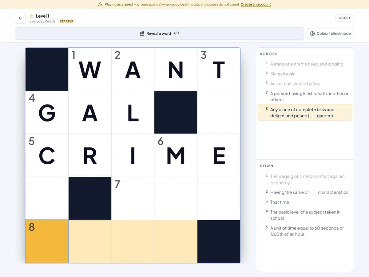 A Crossly level in progress on a tablet, grid beside the two clue lists