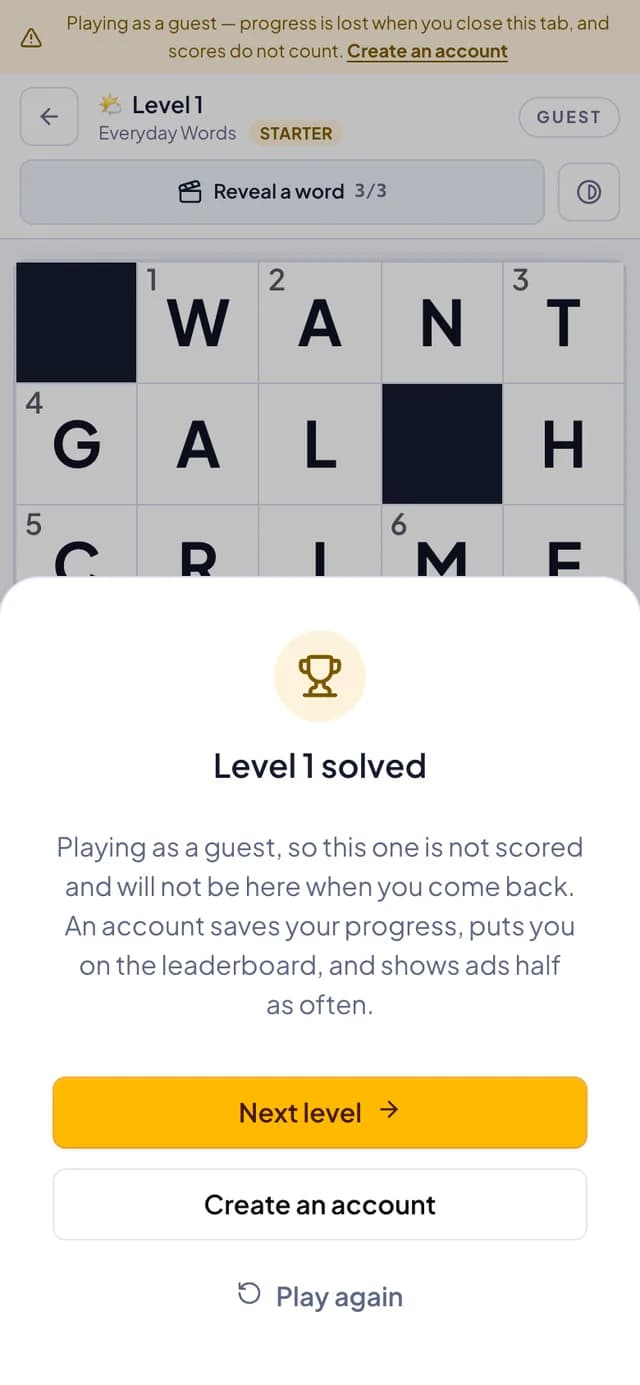 The Crossly win dialog reading Level 1 solved