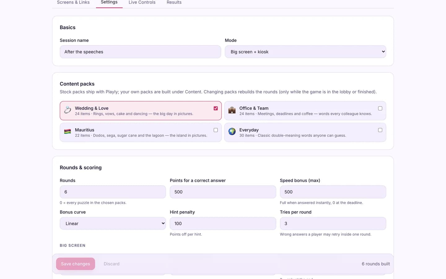 The Playly organiser console on a session's Settings tab with content pack cards