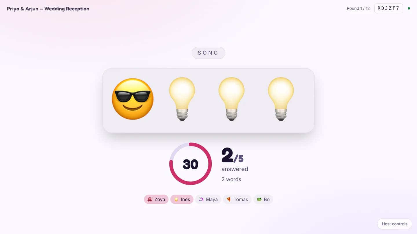 The Emoji Pictionary host screen showing a sunglasses face and three light bulbs, with a countdown