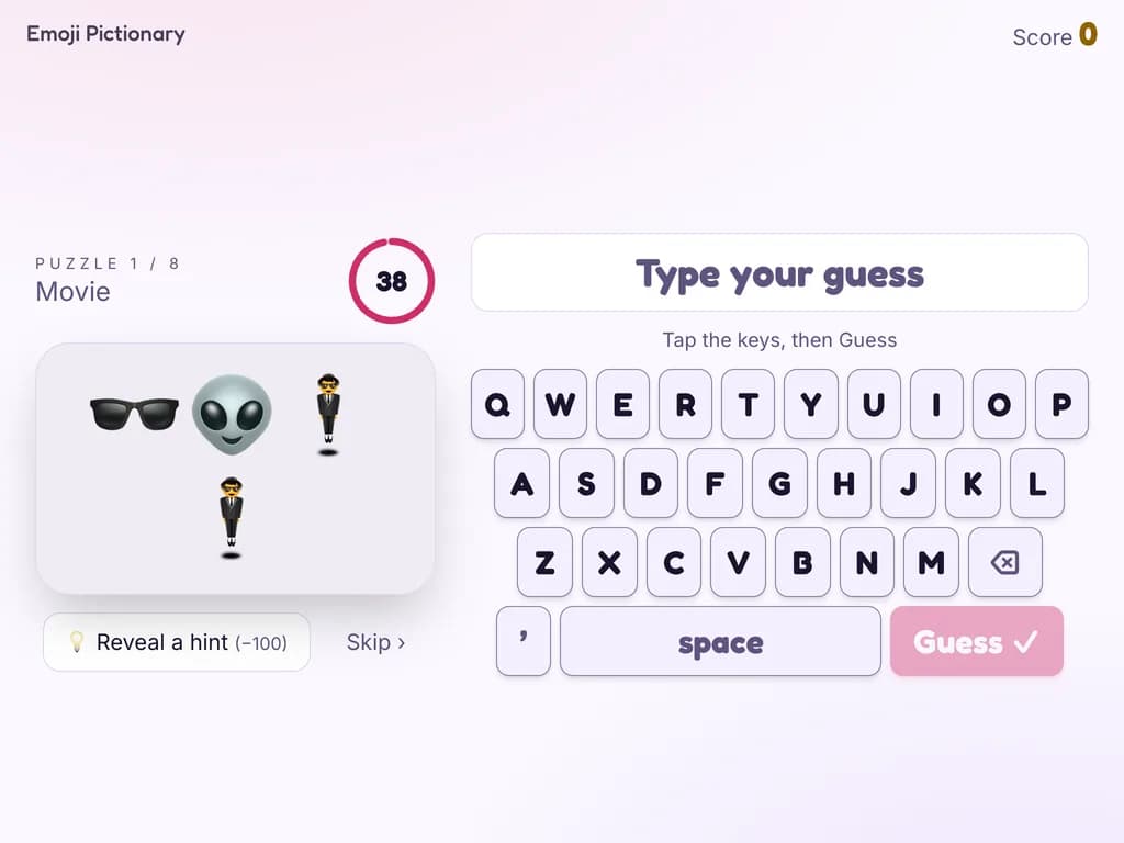 Emoji Pictionary on a tablet kiosk with an on-screen keyboard and the answer being typed