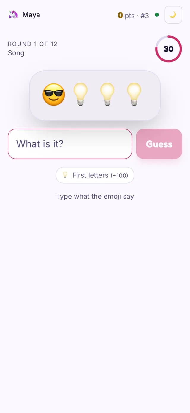 The Emoji Pictionary player view on a phone with the puzzle, a first-letters hint and a text box