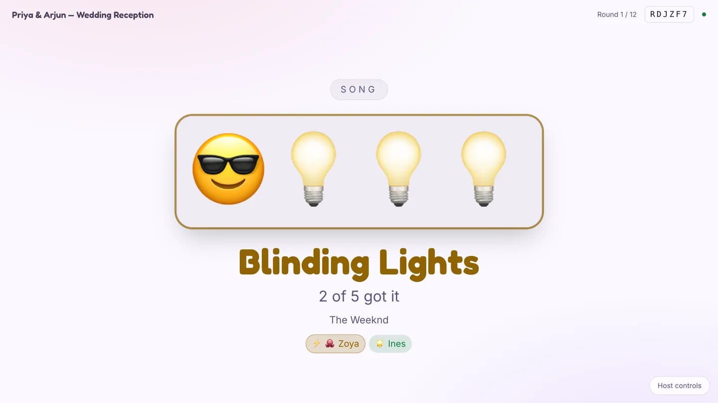 The Emoji Pictionary reveal reading Blinding Lights, 2 of 5 got it