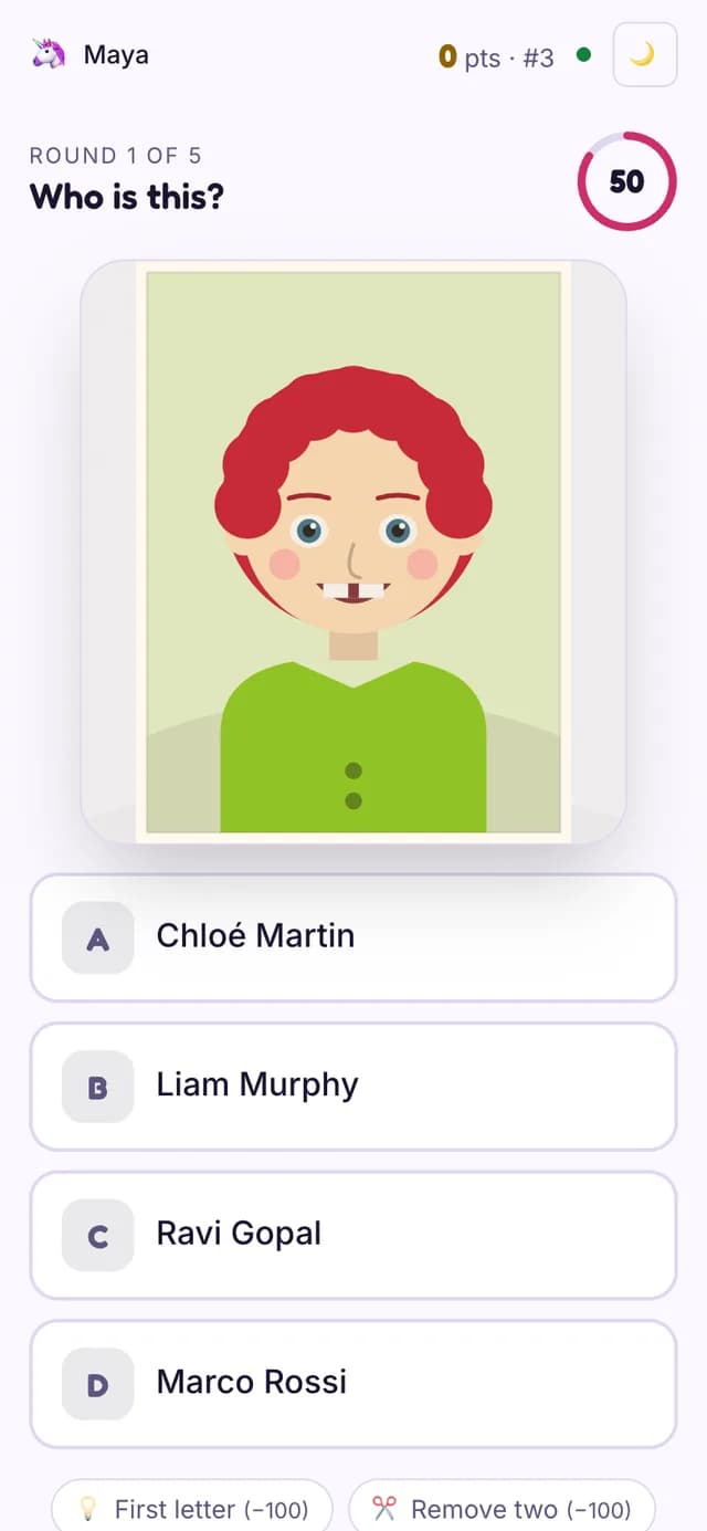 The Guess Who player view on a phone with the photo and four name buttons