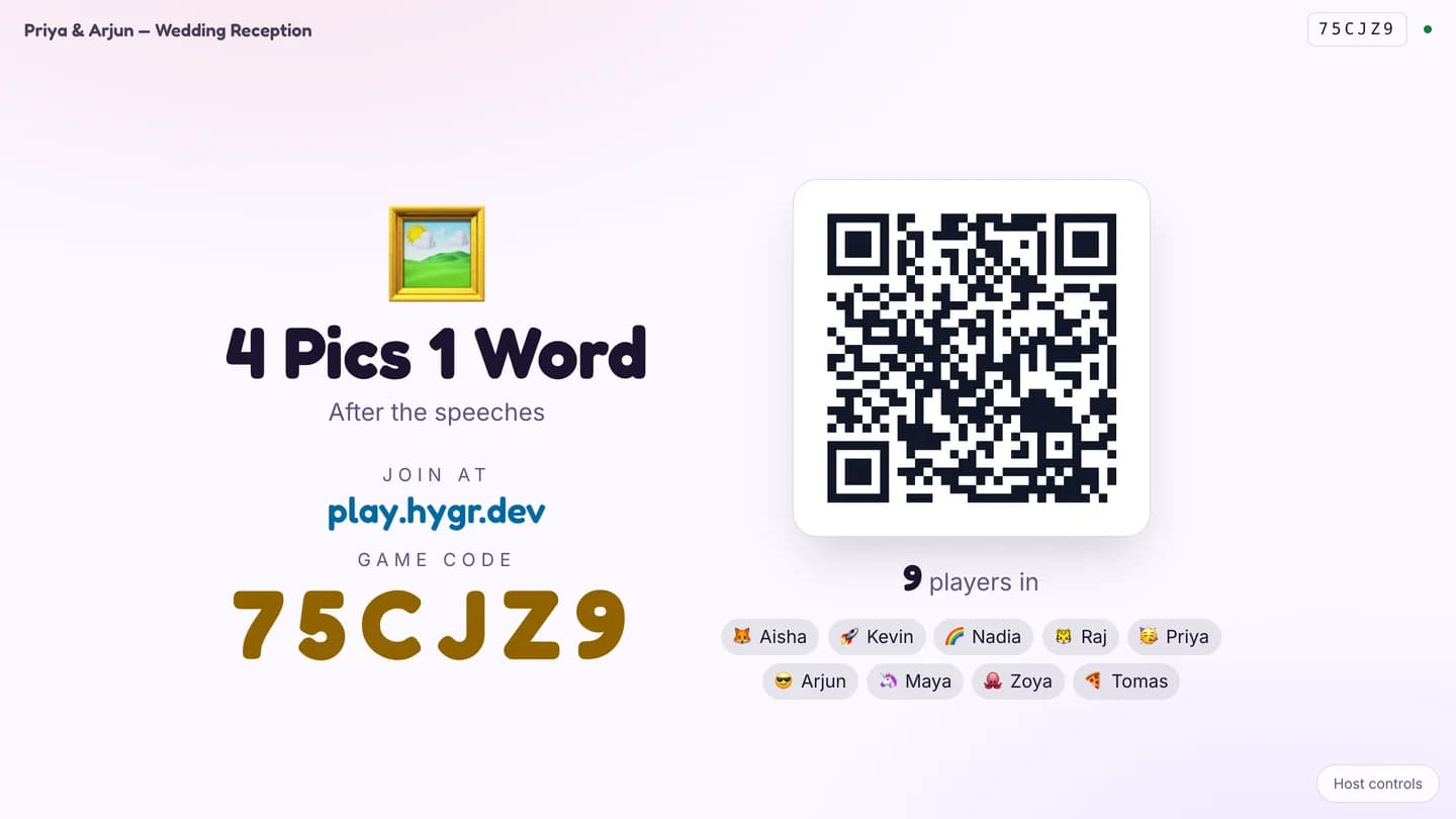 The Playly host screen showing a QR code, the game code 75CJZ9 and nine players joined