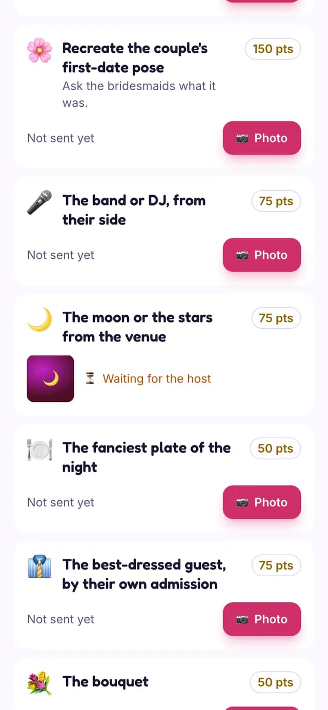 The Photo Scavenger Hunt player view on a phone with a submitted photo marked Waiting for the host