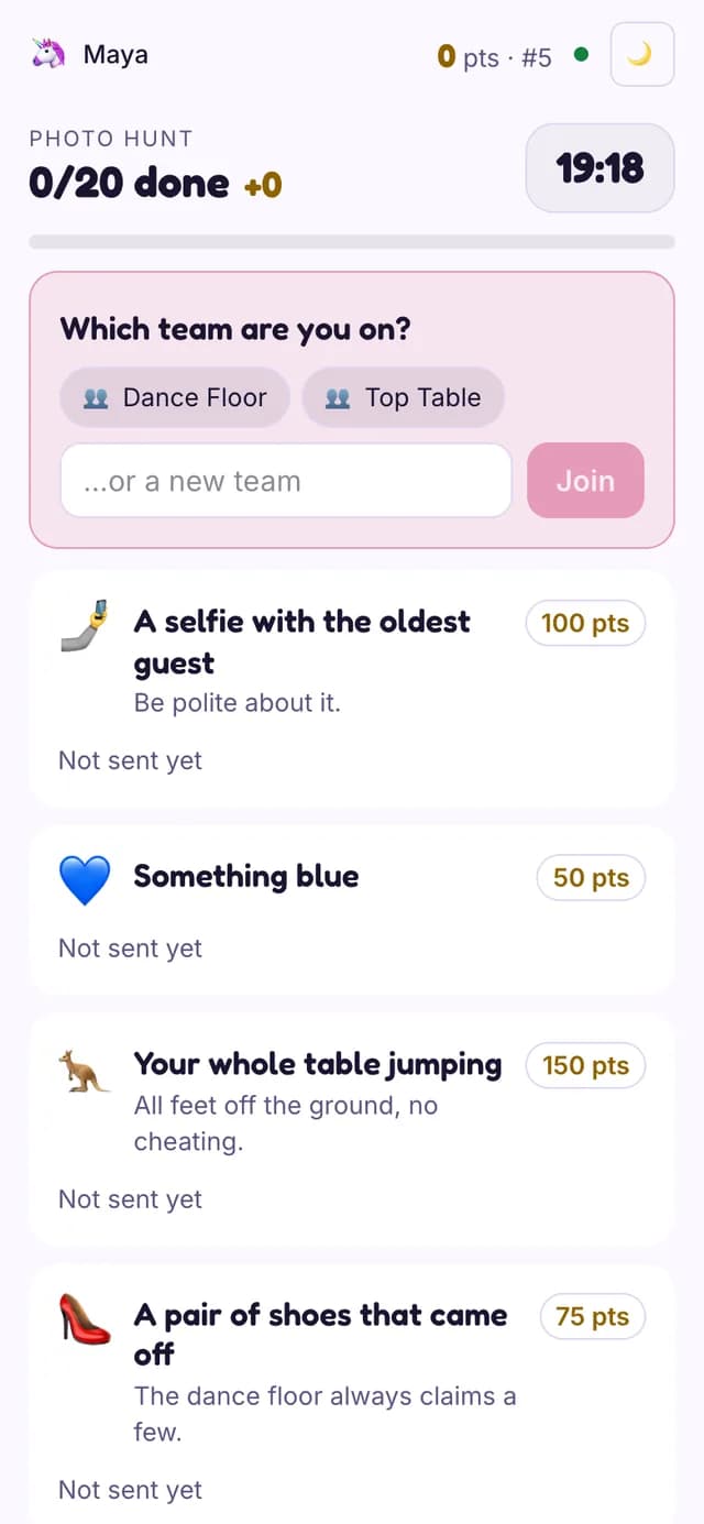 The Photo Scavenger Hunt player view on a phone asking which team you are on, above the mission list