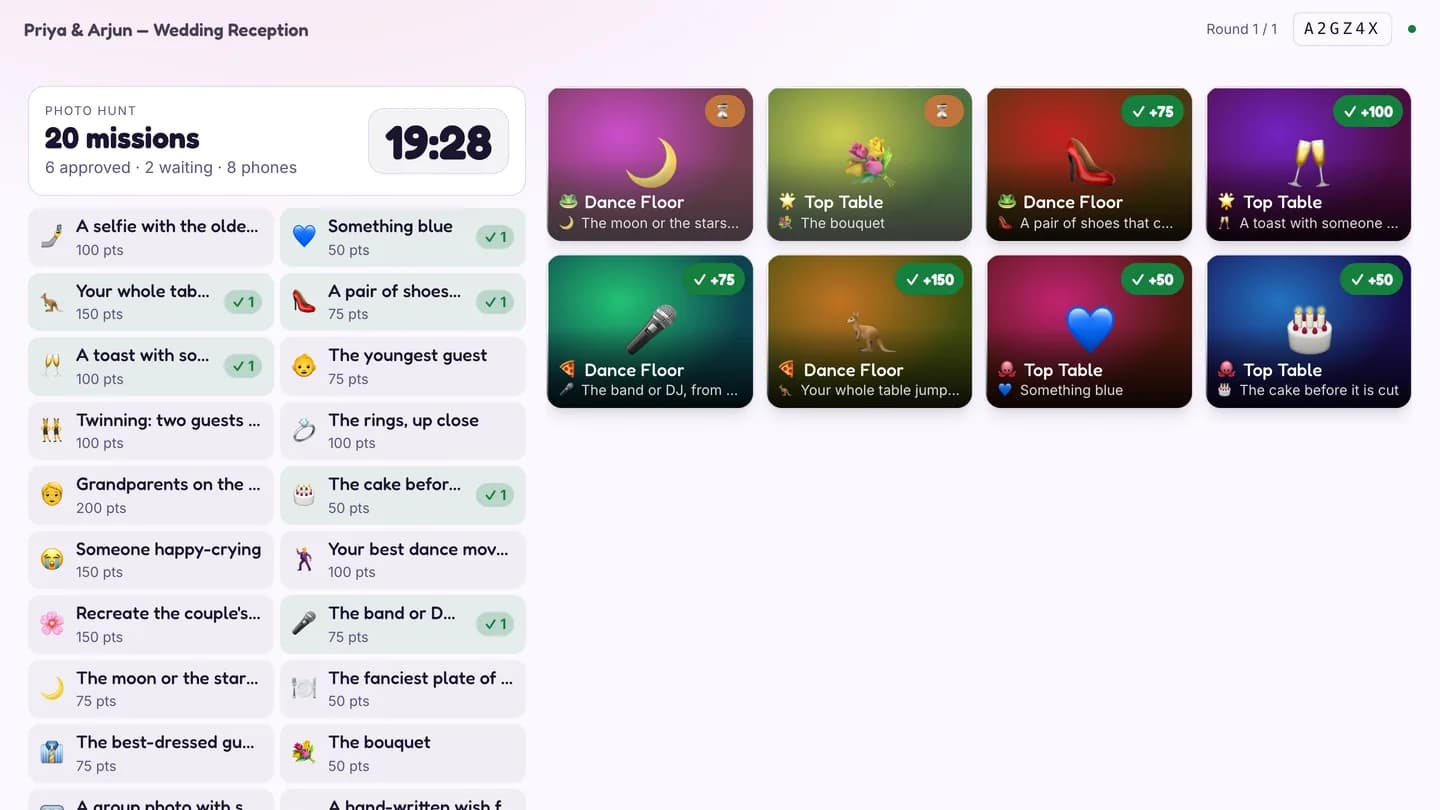 The Photo Scavenger Hunt host screen with the mission list on the left and eight photos on the wall