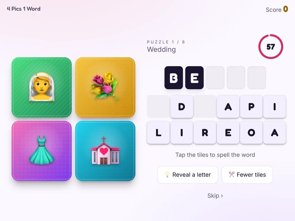 The Playly kiosk on a tablet showing puzzle 1 of 8, the tile keyboard and the clock