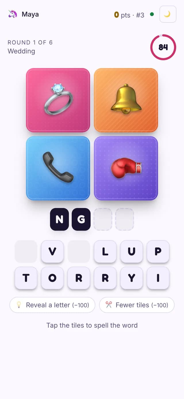 The Playly player view on a phone with four pictures, answer boxes, a tile keyboard and two hint buttons
