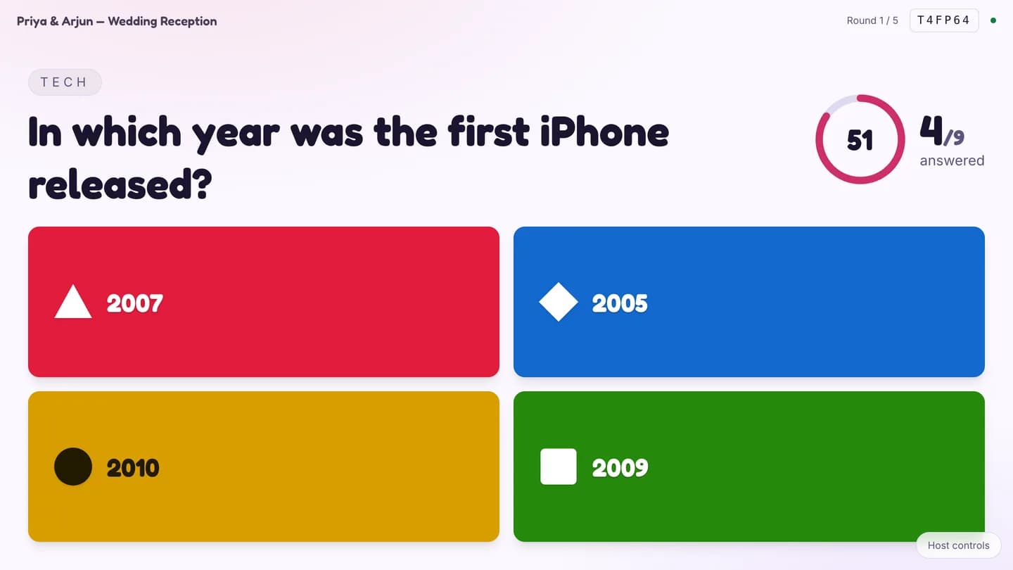 The Live Quiz host screen asking in which year the first iPhone was released, with four coloured answer cards