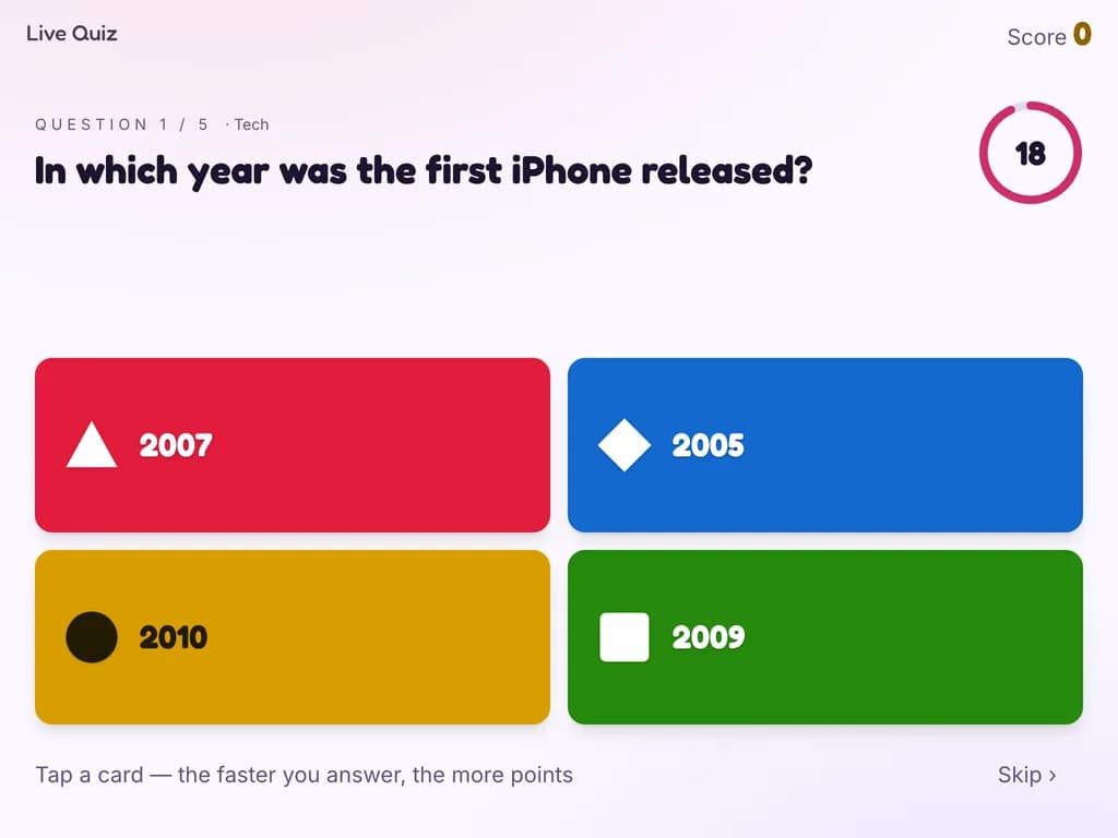 Live Quiz on a tablet kiosk with a question and four coloured cards