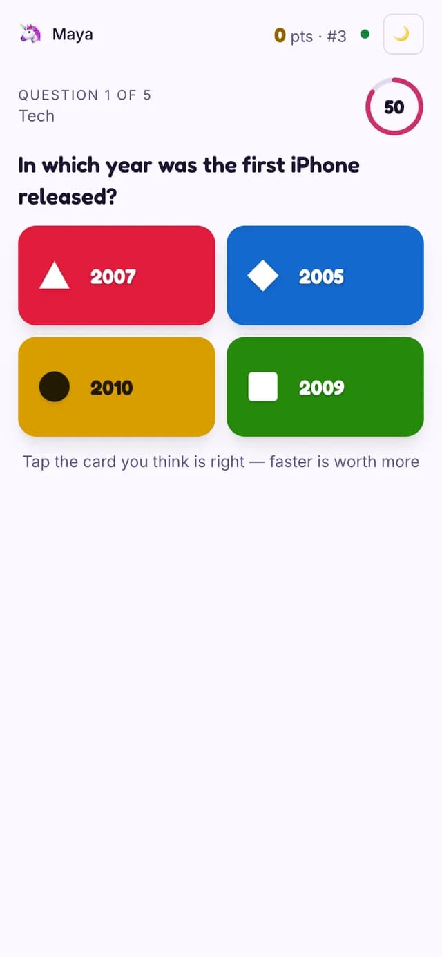 The Live Quiz player view on a phone with four coloured option cards