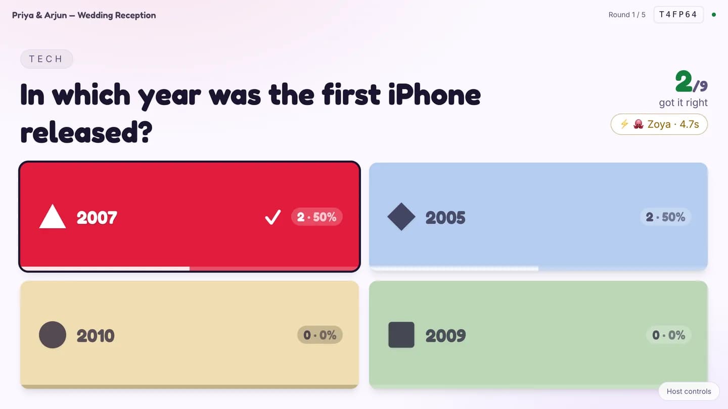 The Live Quiz reveal with the correct answer highlighted and percentage bars under each option