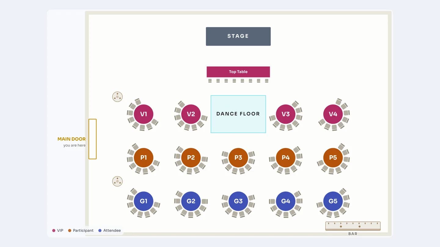The hall plan filling the whole screen with every table and chair