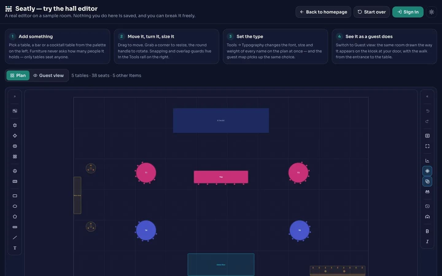 The hall editor: a floor plan with a stage, round tables and a dance floor, with the tool rails on either side