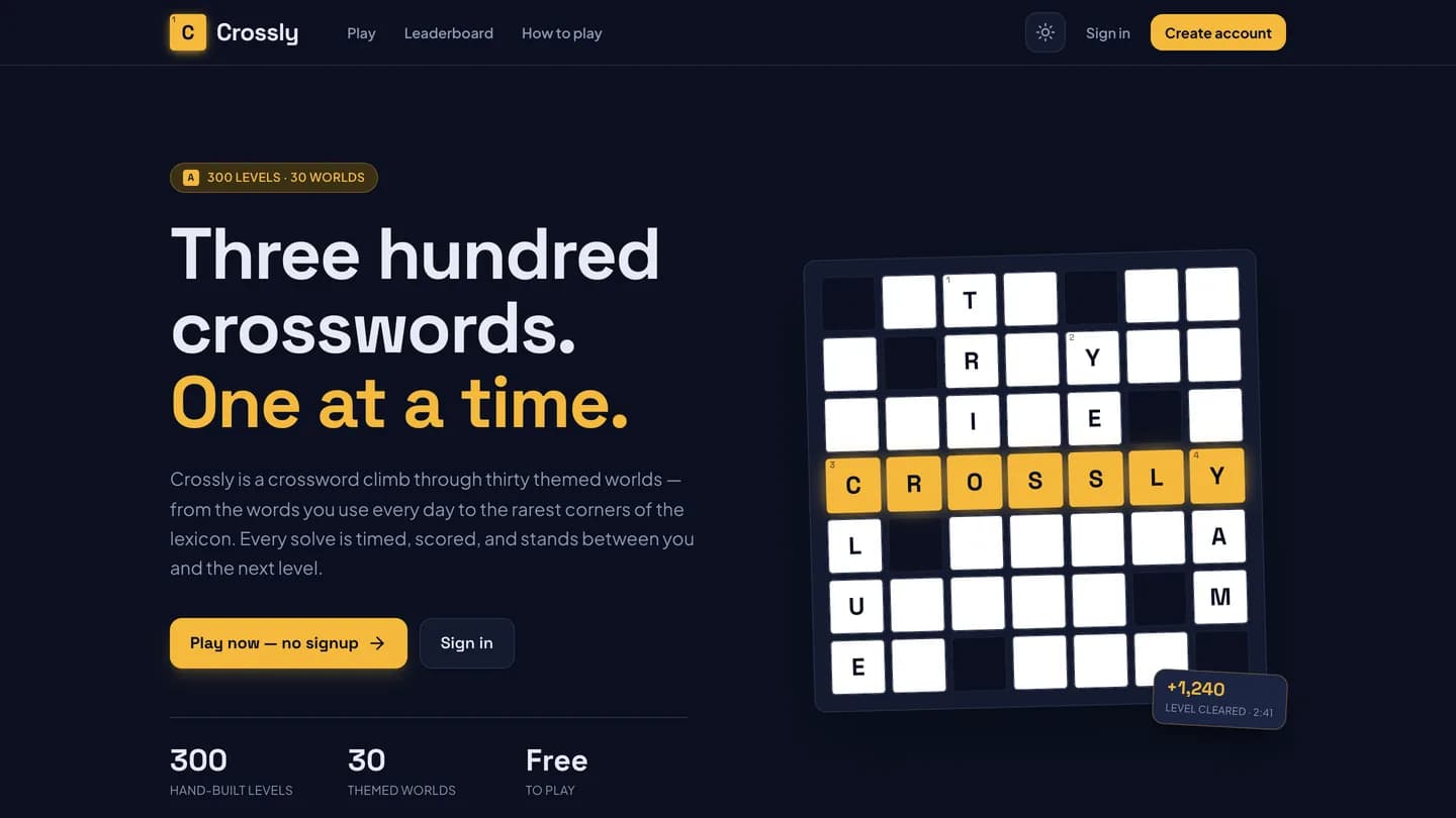 The Crossly home page hero with a large illustrated crossword grid