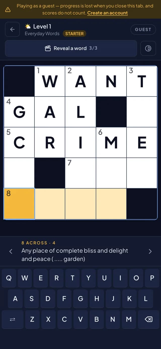 A Crossly level on a phone, the grid above the clue bar and the on-screen keyboard below it