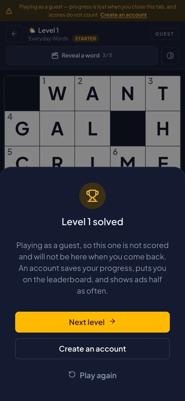 The Crossly win dialog reading Level 1 solved