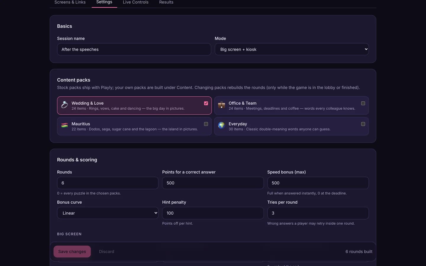 The Playly organiser console on a session's Settings tab with content pack cards