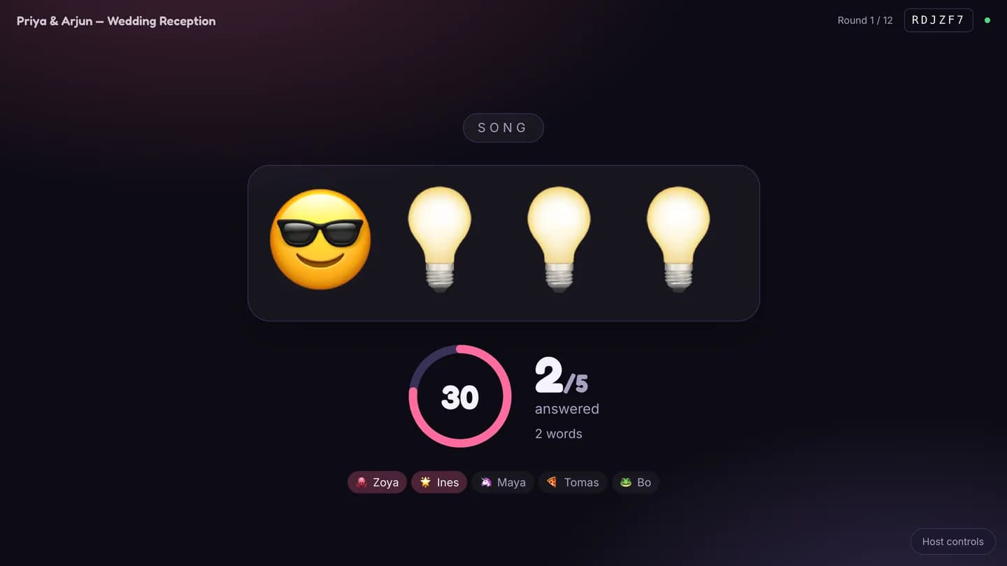 The Emoji Pictionary host screen showing a sunglasses face and three light bulbs, with a countdown