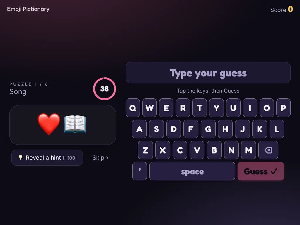 Emoji Pictionary on a tablet kiosk with an on-screen keyboard and the answer being typed
