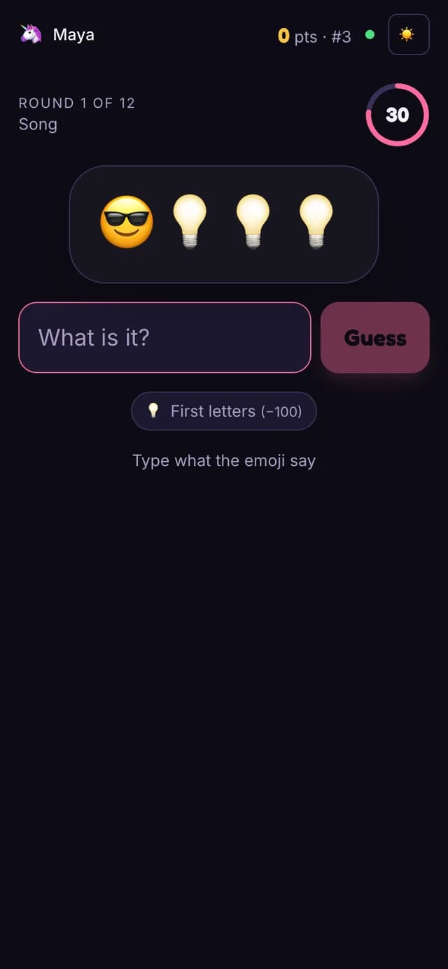 The Emoji Pictionary player view on a phone with the puzzle, a first-letters hint and a text box