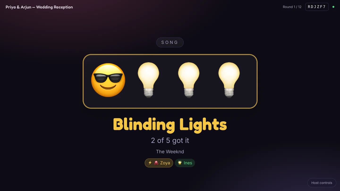 The Emoji Pictionary reveal reading Blinding Lights, 2 of 5 got it