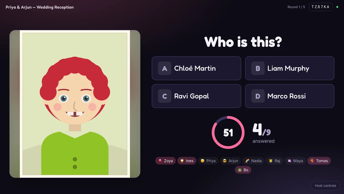 The Guess Who host screen with a framed cartoon childhood photo, four name options and a countdown