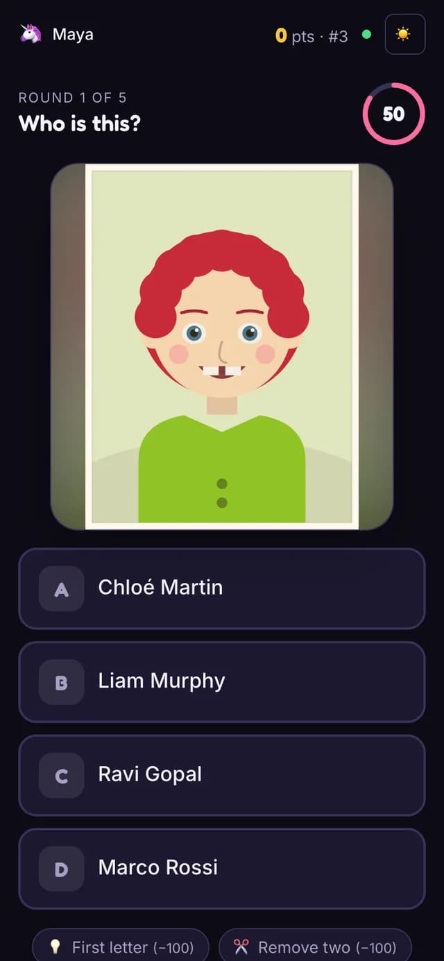 The Guess Who player view on a phone with the photo and four name buttons