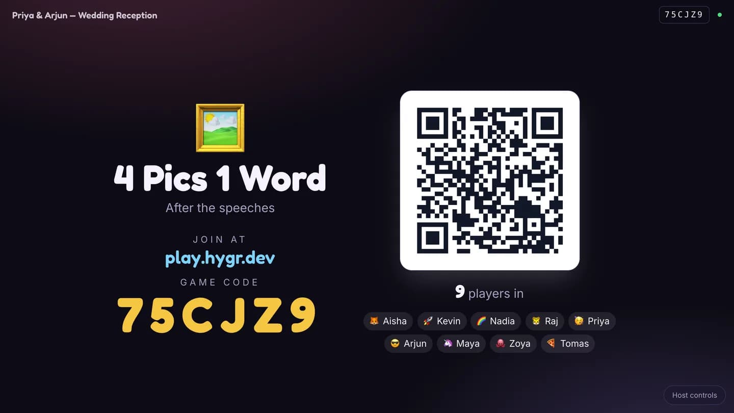 The Playly host screen showing a QR code, the game code 75CJZ9 and nine players joined