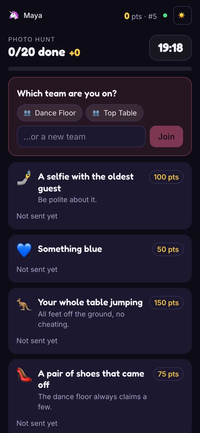 The Photo Scavenger Hunt player view on a phone asking which team you are on, above the mission list