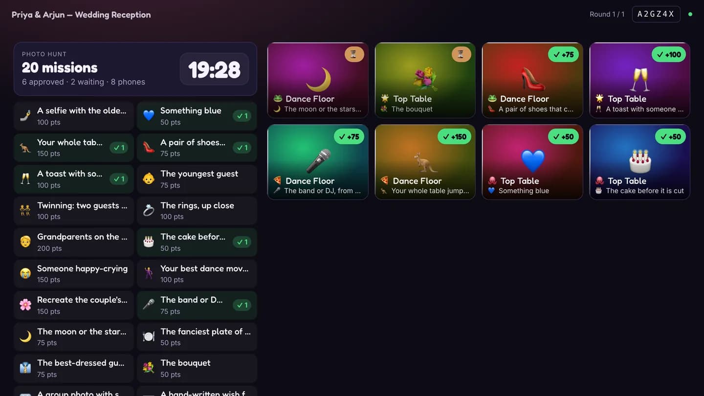 The Photo Scavenger Hunt host screen with the mission list on the left and eight photos on the wall
