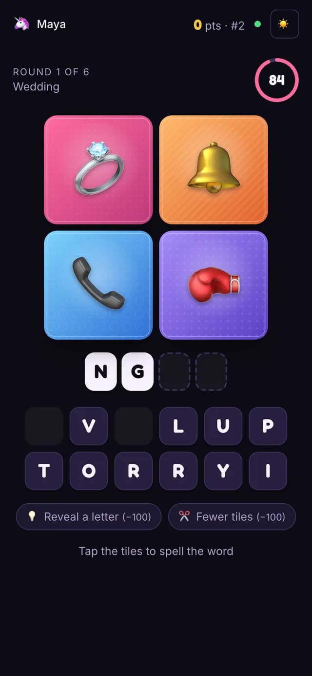 The Playly player view on a phone with four pictures, answer boxes, a tile keyboard and two hint buttons