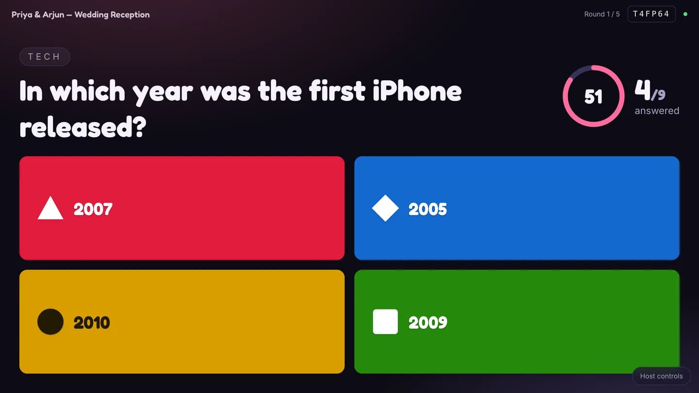 The Live Quiz host screen asking in which year the first iPhone was released, with four coloured answer cards