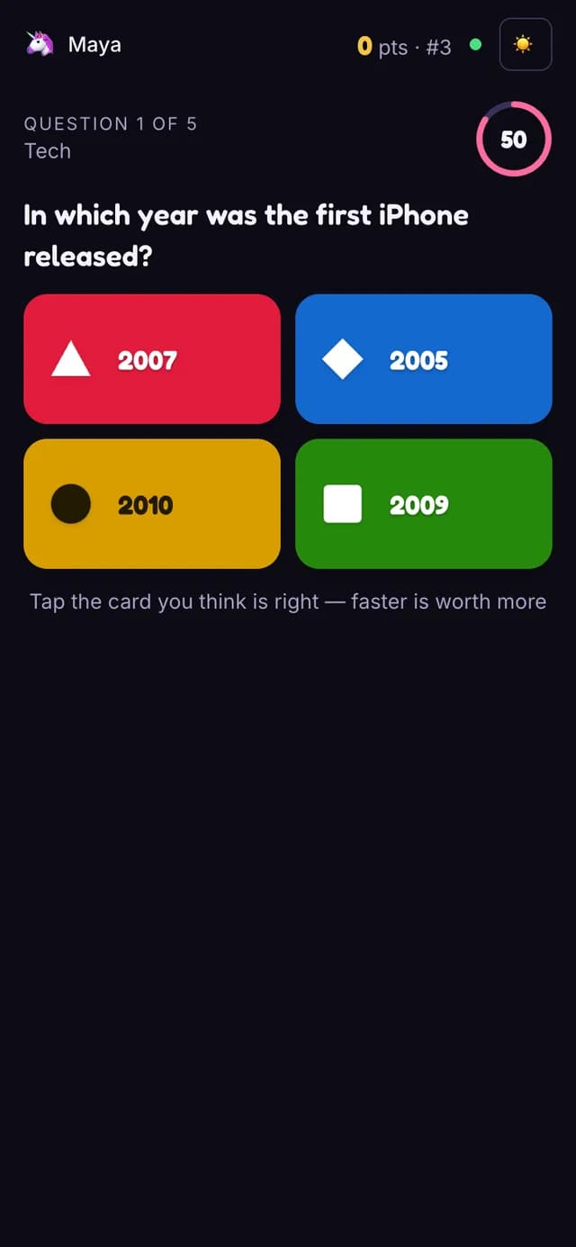 The Live Quiz player view on a phone with four coloured option cards