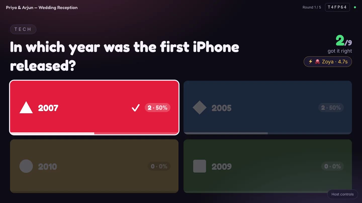 The Live Quiz reveal with the correct answer highlighted and percentage bars under each option