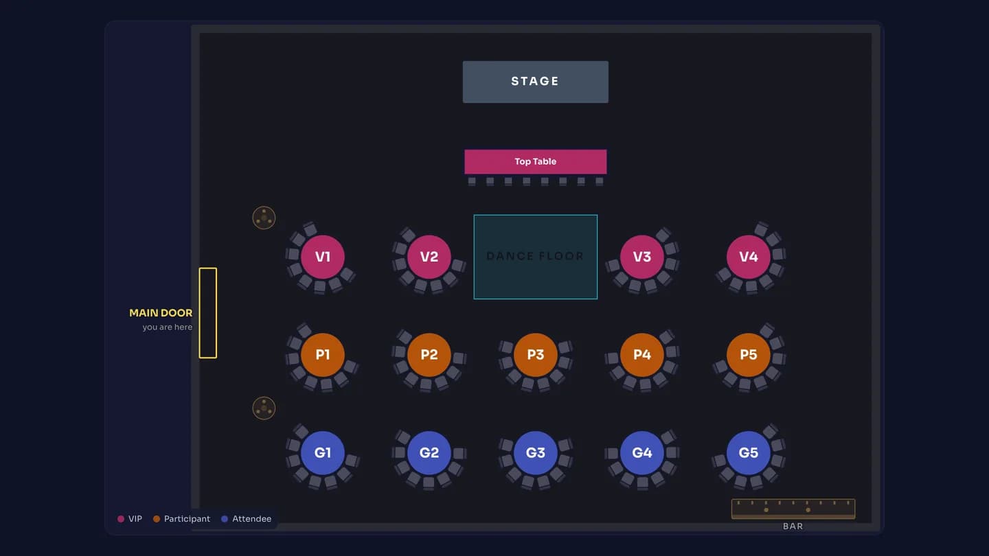 The hall plan filling the whole screen with every table and chair