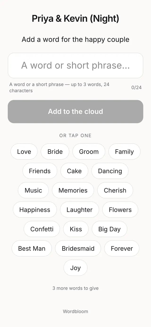 The Wordbloom guest page on a phone before anything is typed