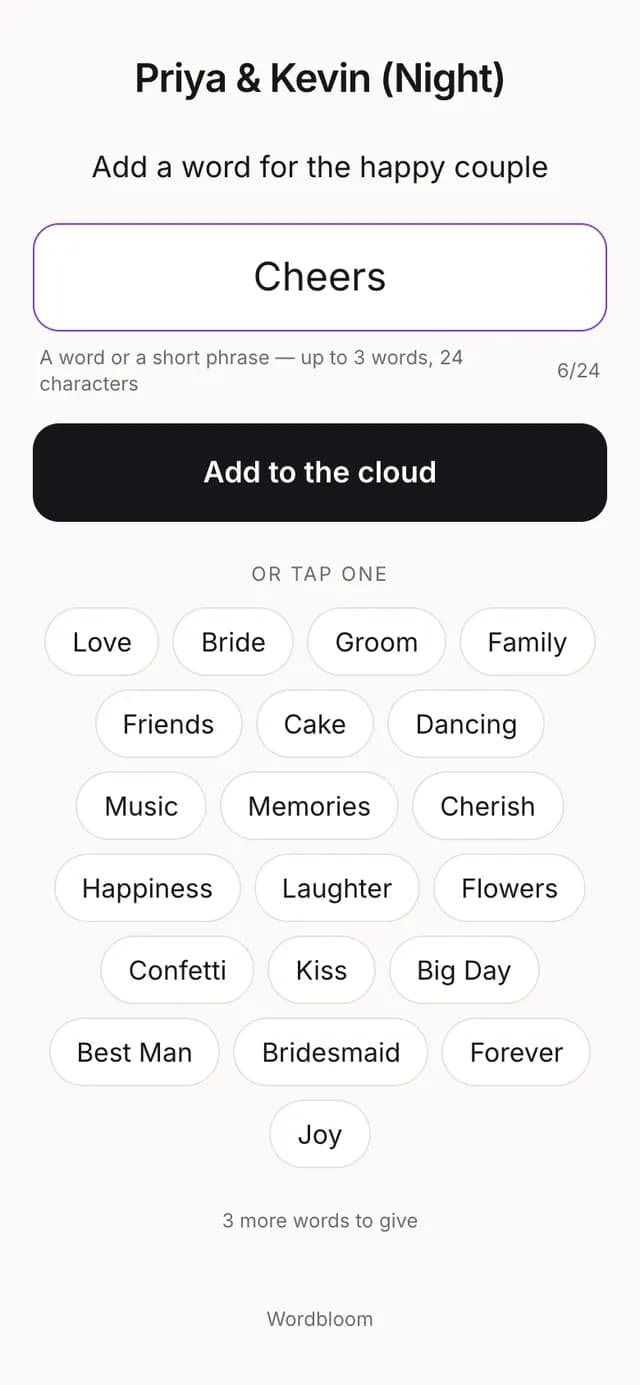 The Wordbloom guest page on a phone with the word Cheers typed and an Add to the cloud button