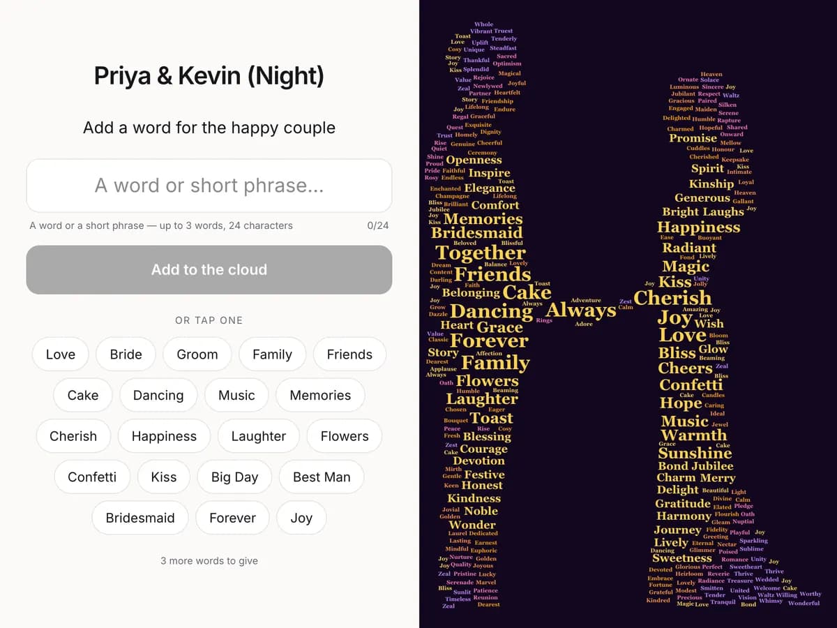 The Wordbloom kiosk on a tablet with a word entry form beside the growing word cloud
